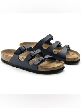 Birkenstock Black Triple Strap Slide Sandals Leather Cork 8